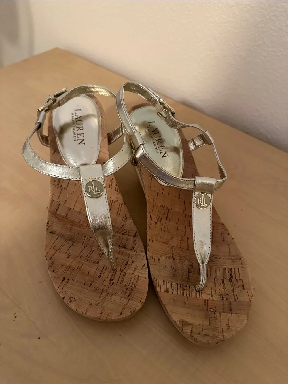 Lauren Ralph Lauren Gold Metallic Cork Wedge Thong Sandals
